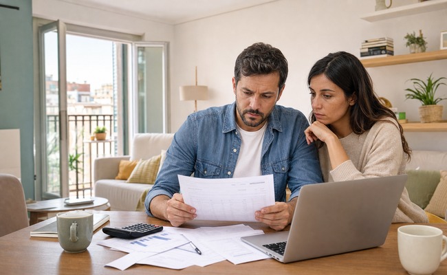 Revision de cuota hipotecaria en casa con documentos y portatil Pareja revisando la cuota de una hipoteca variable