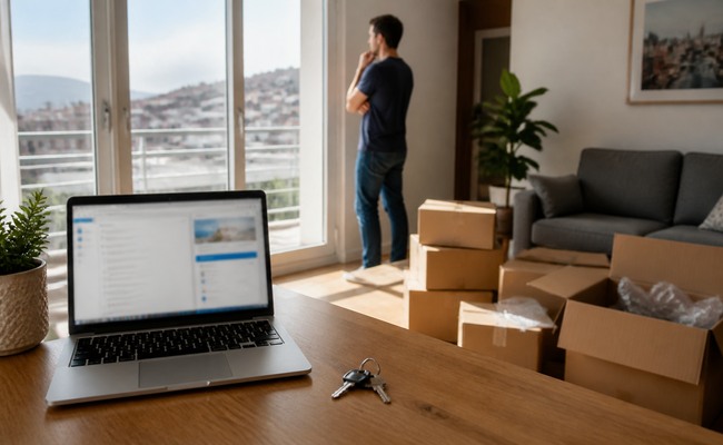 Vivienda con cajas de mudanza y simulación hipotecaria abierta