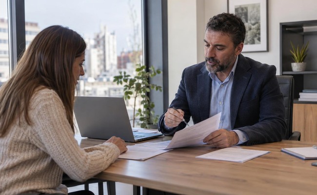 Asesor hipotecario revisando una operación de financiación alta con una compradora