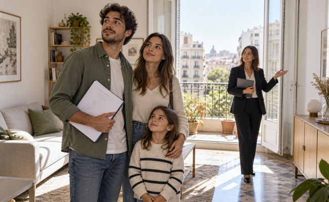 Familia visitando una vivienda antes de elegir hipoteca