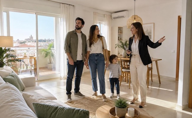 Familia visitando una vivienda antes de valorar una hipoteca al 90 por ciento